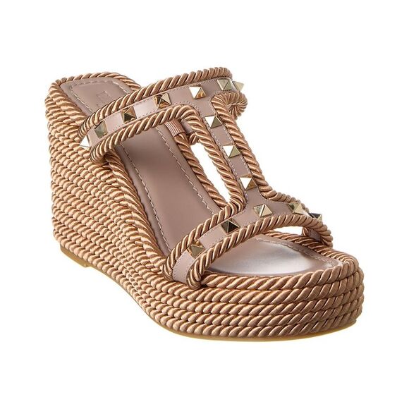 Valentino Rockstud 90 Leather & Rope Wedge Sandal Beige